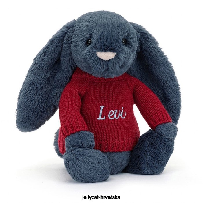 Jellycat sramežljivi zeko s personaliziranim crvenim džemperom tamnoplave boje 374 igračka Jellycat sramežljivi zeko s personaliziranim crvenim džemperom tamnoplave boje 374 igračka
